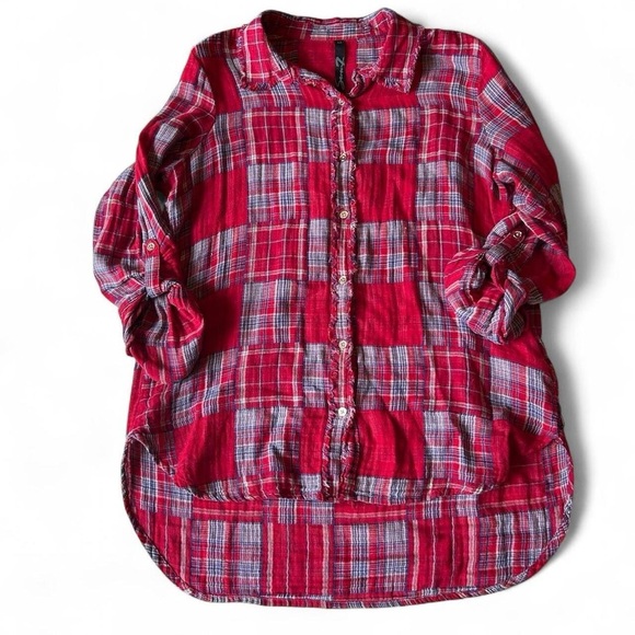 Seven7 Red Patchwork Plaid Shirt – Frayed Boho Western Vibes (Sz M) - Picture 1 of 8